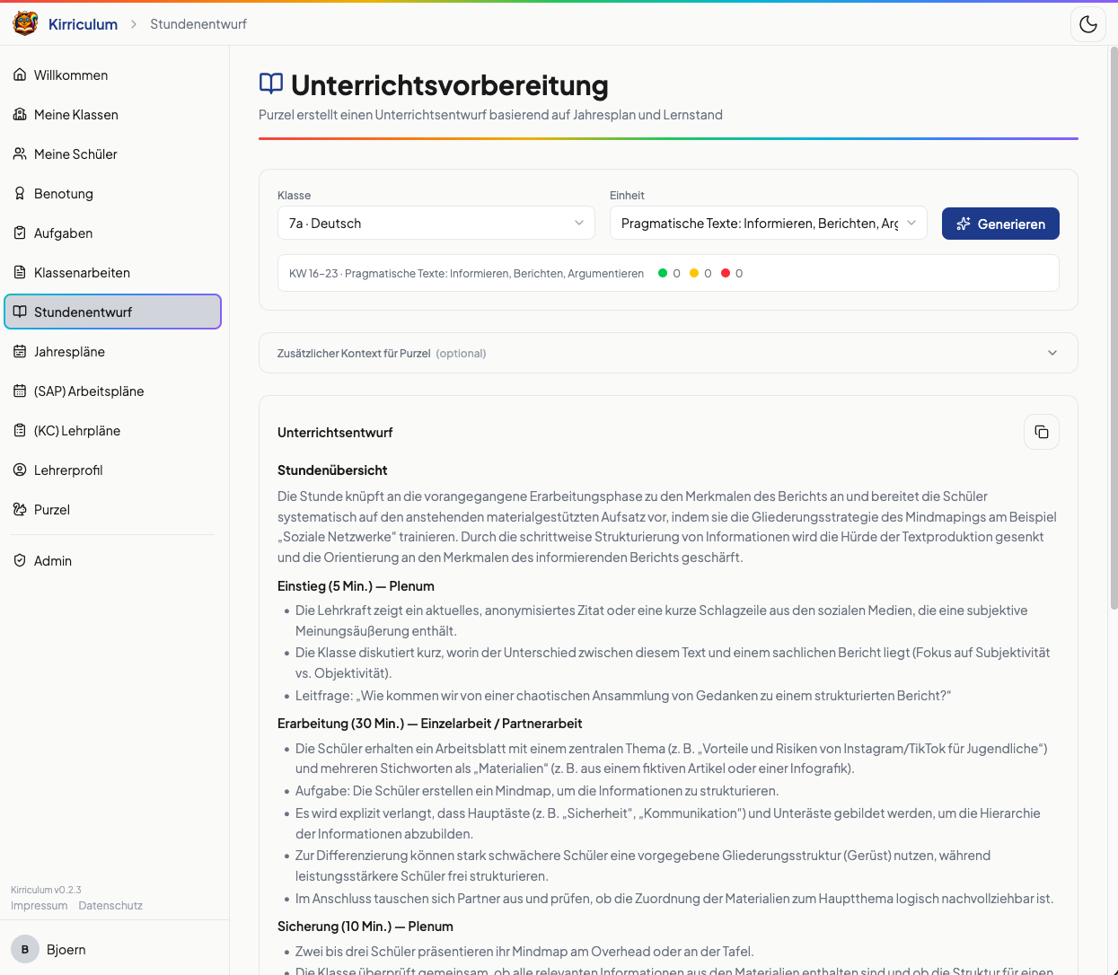 Kirriculum zeigt einen Unterrichtsentwurf